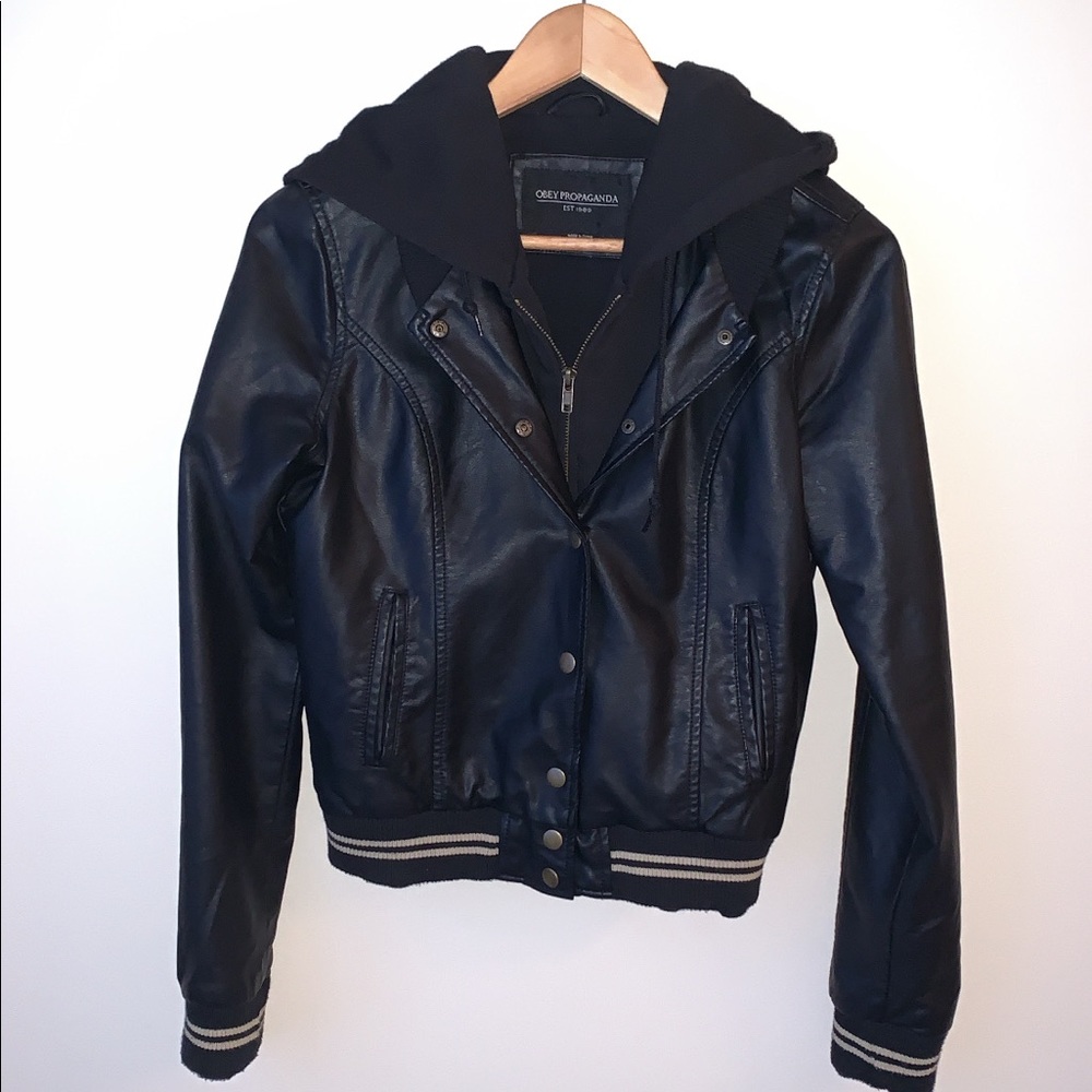 Obey Leather Jacket with built in Hoodie